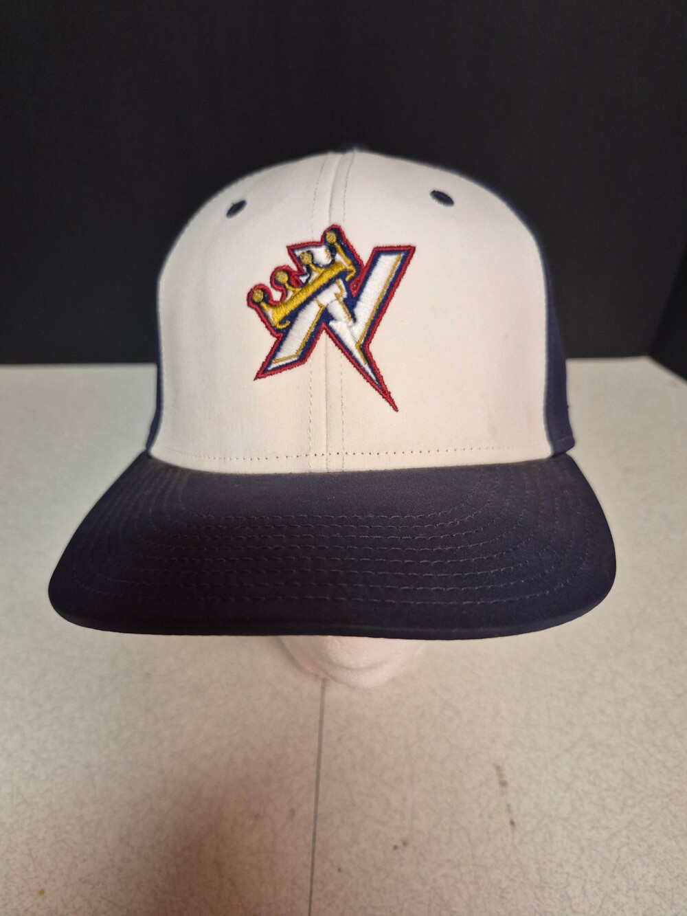 White Navy Baseball Hat Embroidered Crown W Logo Perforated Side Panels Fitted